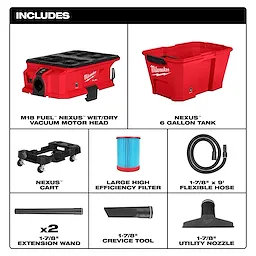 The product image shows the M18™ FUEL™ NEXUS™ 6 Gallon Wet/Dry Vacuum w/ PACKOUT™ Compatibility, including a motor head, 6-gallon tank, cart, high-efficiency filter, flexible hose, two extension wands, crevice tool, and utility nozzle.