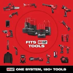 Milwaukee M12 tools and accessories are displayed around a central group of M12 REDLITHIUM battery packs. The image highlights the versatility of the M12 system, which is compatible with over 150 tools. The text reads "Fits M12 Tools" and "One System, 150+ Tools."