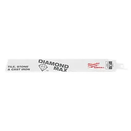 The 9" Diamond Max™ Diamond Grit SAWZALL® Blade is designed for cutting tile, stone, and cast iron. The blade features the Milwaukee SAWZALL® logo and a diamond symbol, with a white, elongated shape and a toothed edge on one end.