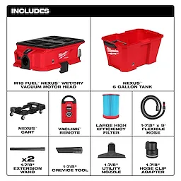 The M18 FUEL™ NEXUS™ 6 Gallon Wet/Dry Vacuum w/ PACKOUT™ Compatibility & VACLINK™ includes a motor head, 6-gallon tank, cart, VACLINK™ remote, high-efficiency filter, flexible hose, extension wand, crevice tool, utility nozzle, and hose clip adapter. All components are shown in a grid format.