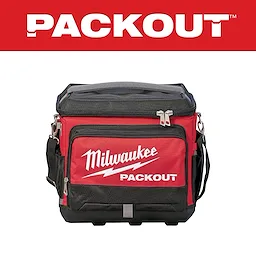 Milwaukee Packout cooler bag with red and black design, featuring multiple storage compartments and a shoulder strap.