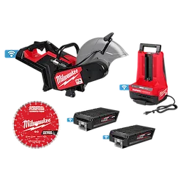 Image of an MX FUEL™ 14" Cut-Off Saw w/ RAPIDSTOP™ Brake. Pictured with a red blade, two batteries, and a red charger. The saw and accessories are branded Milwaukee, with distinct red and black colors. The blade is labeled “General Purpose” and “Diamond Ultra”.