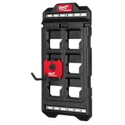 Milwaukee PACKOUT Compact Wall Plate in black with a red accent, designed for modular tool storage and mounting on walls.