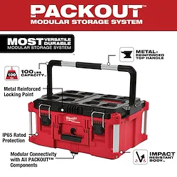 The PACKOUT Large Tool Box features a metal-reinforced top handle, impact-resistant body, 100 lbs capacity, and IP65 rated protection.