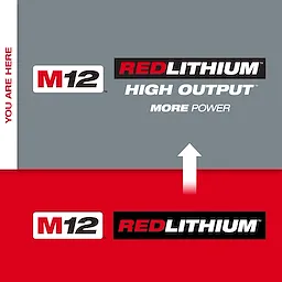 M12%20High%20Output%20Step-Up%20Tile shows a visual comparison of M12 RedLithium batteries with the high output version providing more power. The graphic features an upward arrow indicating an upgrade from a standard M12 RedLithium battery to the high output version.