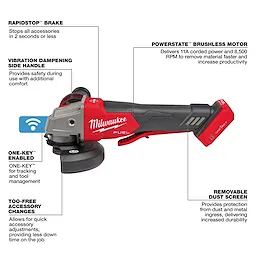 Milwaukee M18 FUEL™ 4-1/2" / 5" Braking Grinder w/ ONE-KEY™ Paddle Switch, No Lock. Features include a POWERSTATE™ brushless motor, RAPIDSTOP™ brake, ONE-KEY™ enabled, vibration-dampening side handle, removable dust screen, and tool-free accessory changes. Designed for safety, durability, and improved productivity.