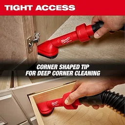 The image shows the AIR-TIP™ Rotating Corner Brush Tool being used in tight spaces to clean corners. The tool features a red, corner-shaped tip designed for deep corner cleaning. Text on the image emphasizes its utility for tight access and deep corner cleaning.