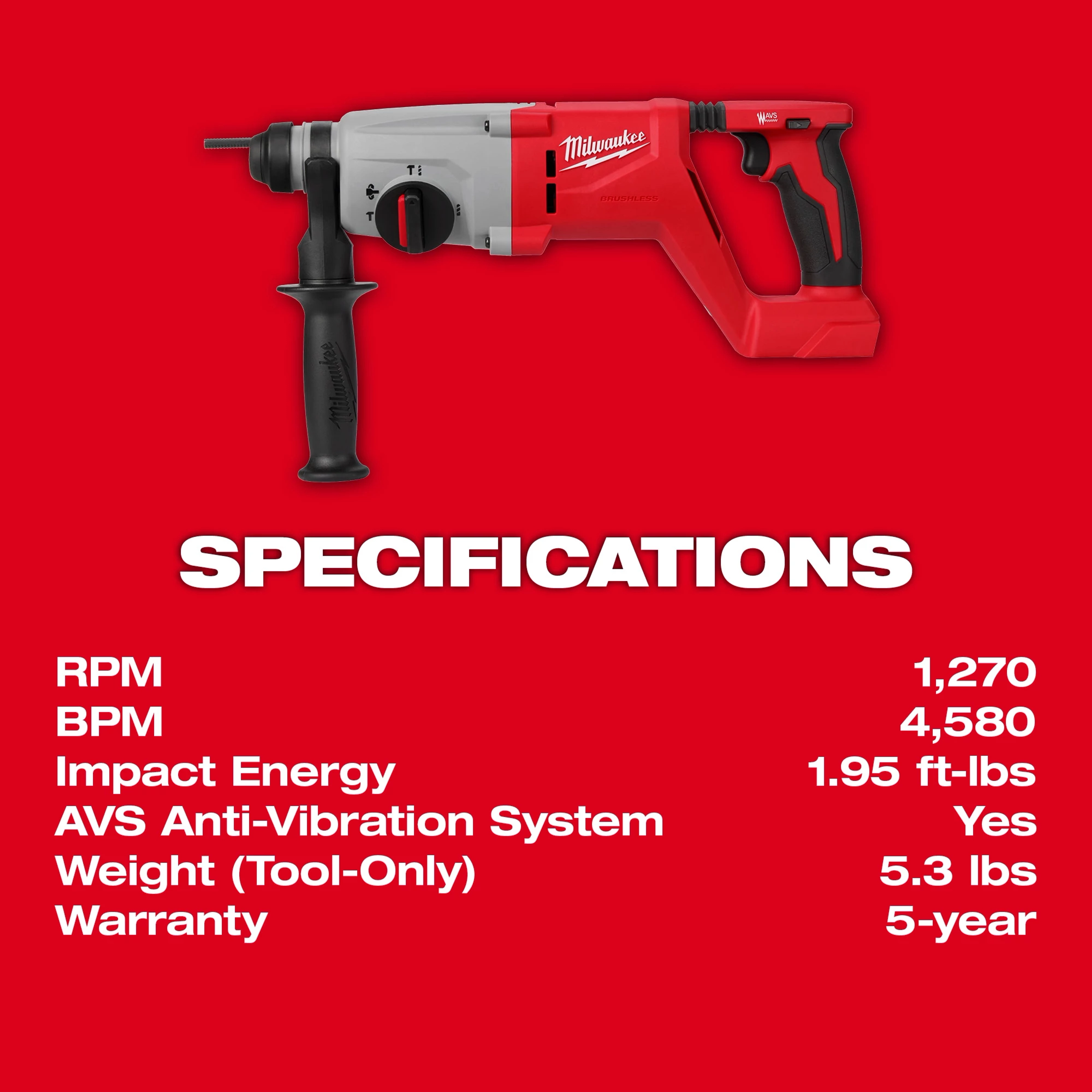M18™ Brushless 1” SDS Plus D-Handle Rotary Hammer Specs