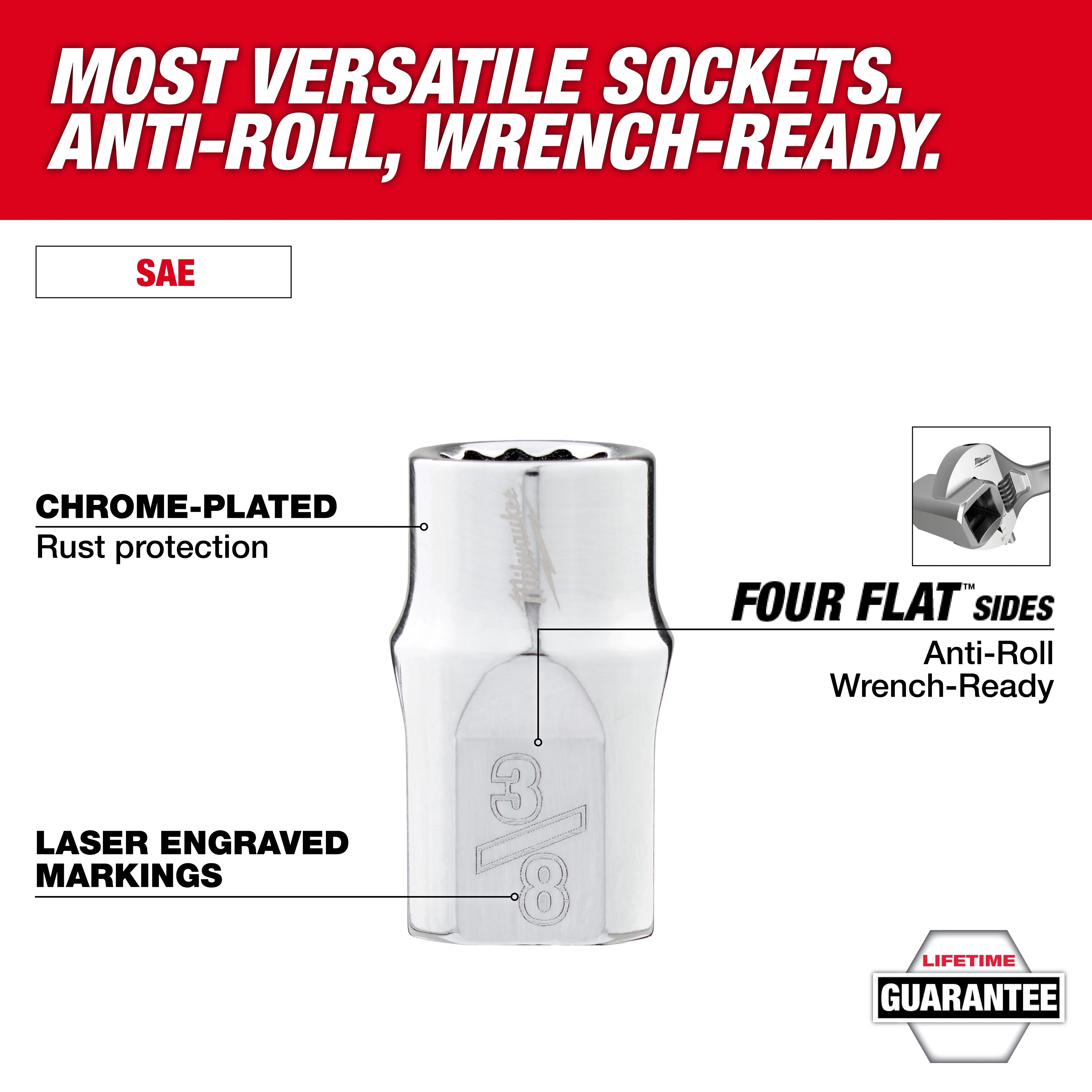 This image features a 12PT SAE Socket with chrome plating for rust protection and laser-engraved markings. It has four flat sides designed to prevent rolling and ensure wrench readiness. The top states, "Most versatile sockets. Anti-roll, wrench-ready," and the bottom includes a lifetime guarantee badge.