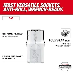 This image features a 12PT SAE Socket with chrome plating for rust protection and laser-engraved markings. It has four flat sides designed to prevent rolling and ensure wrench readiness. The top states, "Most versatile sockets. Anti-roll, wrench-ready," and the bottom includes a lifetime guarantee badge.