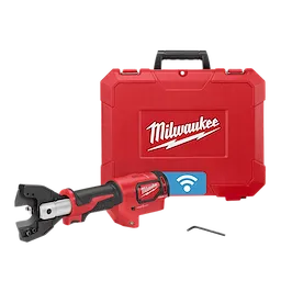 The image features the M18™ FORCE LOGIC™ Cable Cutter from Milwaukee, shown with its red carrying case. The cable cutter is black and red, with a metallic cutting head, and a hex key is placed beside it. The case is labeled with the Milwaukee logo.