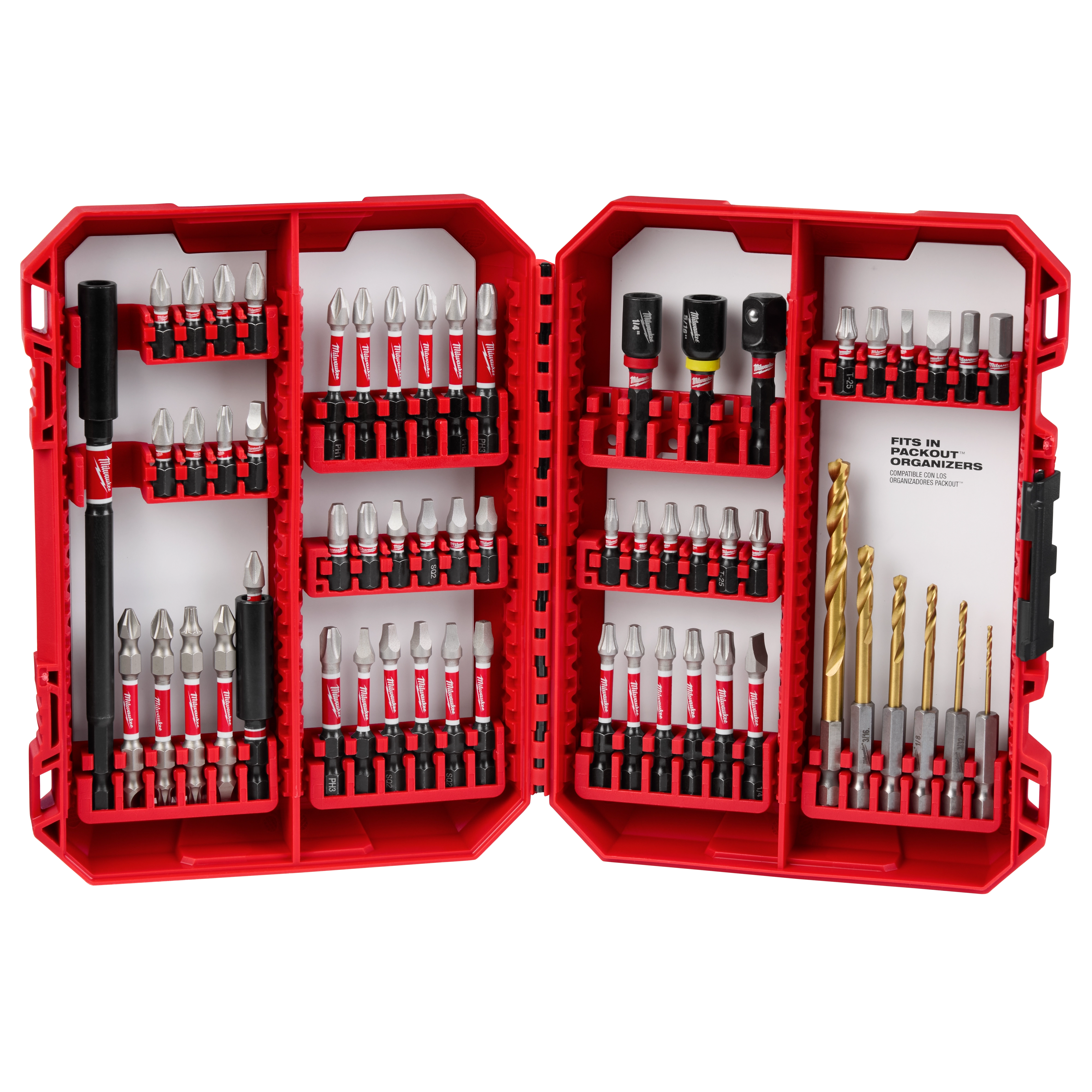 The SHOCKWAVE™ Impact Duty Drill & Drive Set - 60PC includes various drill bits and screwdrivers organized in a red plastic case. The case is open, displaying its contents neatly in designated sections.