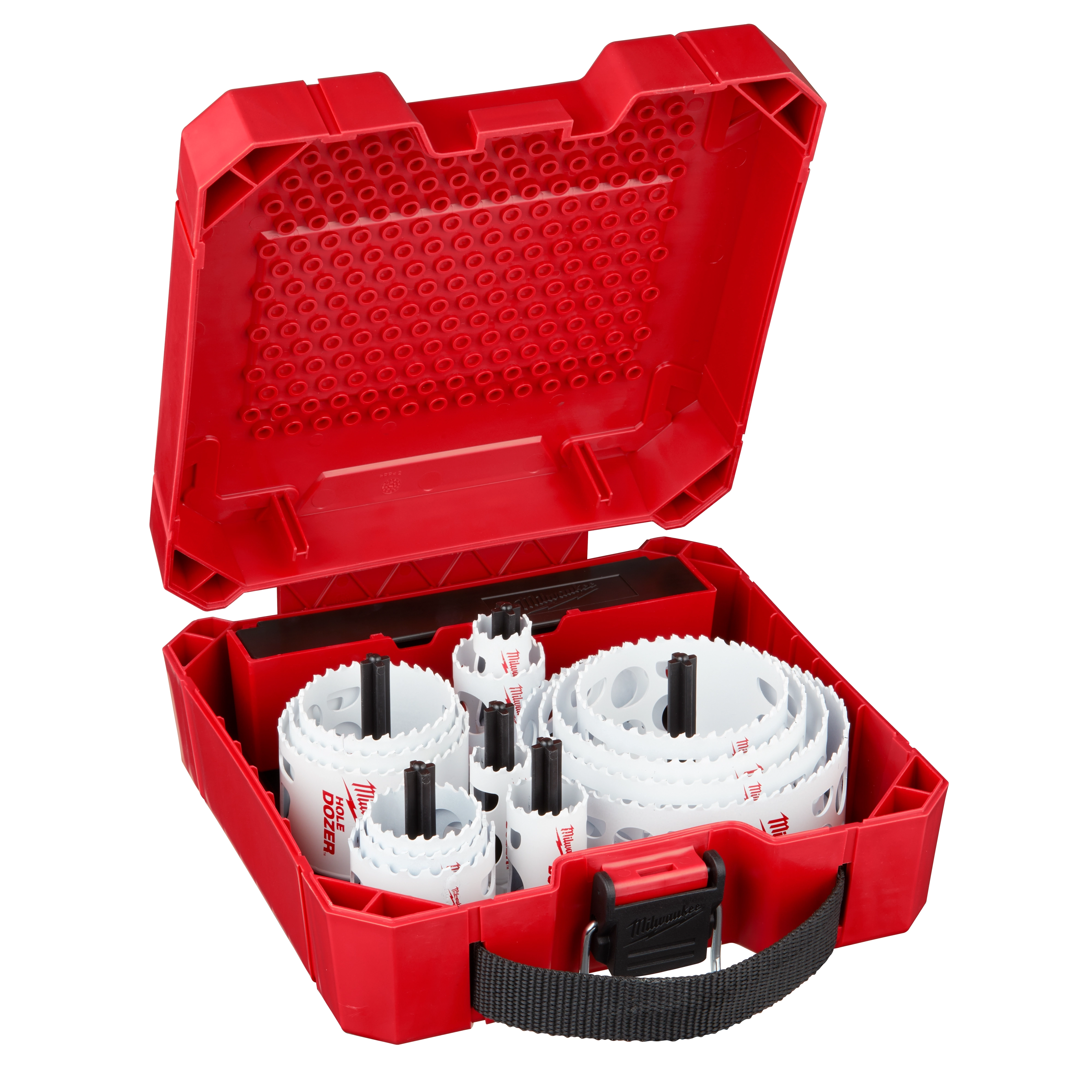 Red plastic case containing the 17-PC ELECT. HOLE DOZER HS KIT. Visible hole saw sizes range from small to large, organized neatly.