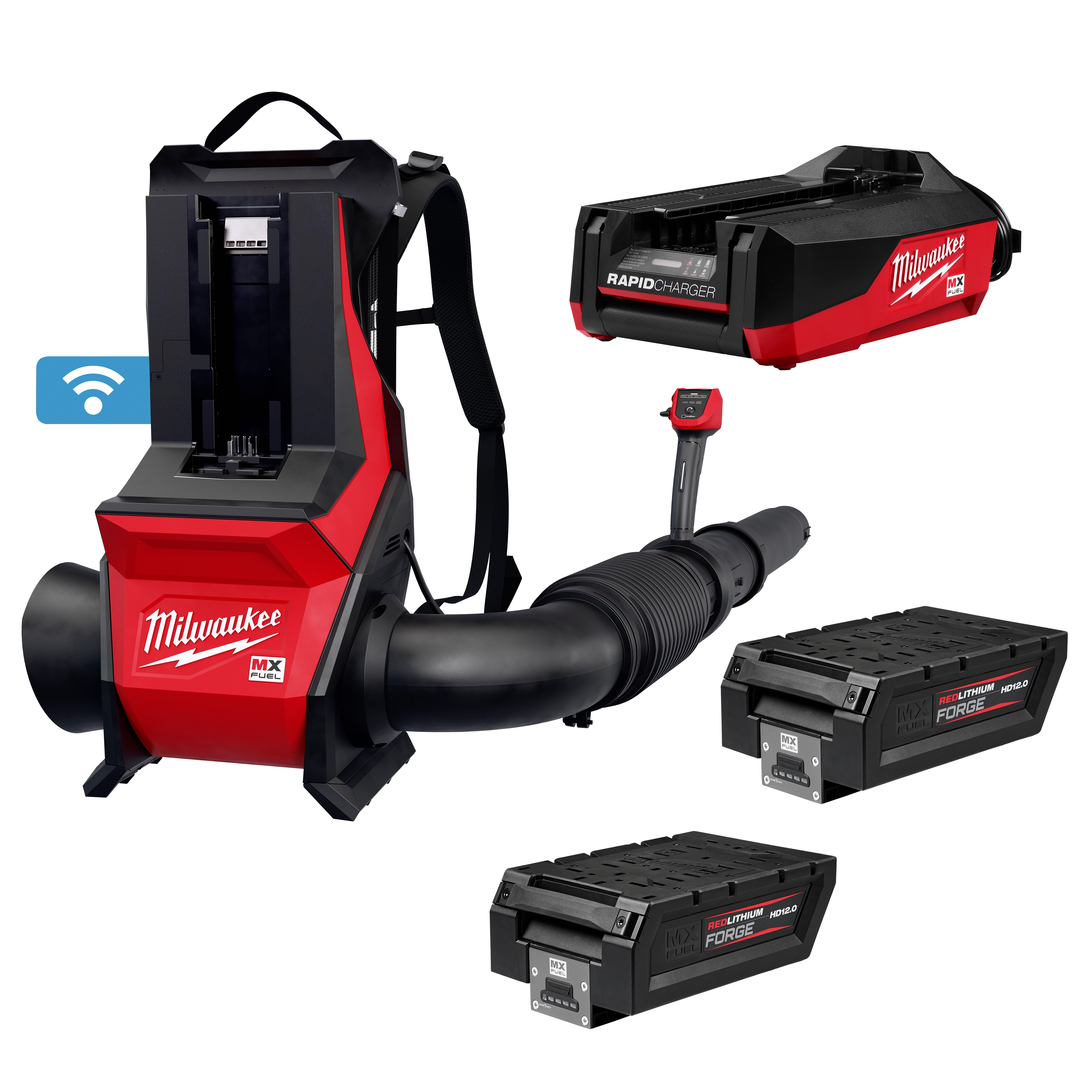 The image shows the MX FUEL™ Backpack Blower kit, which includes a red and black backpack blower with hose, two batteries, and a supercharger. The logo and branding for Milwaukee are visible on the blower and charger.